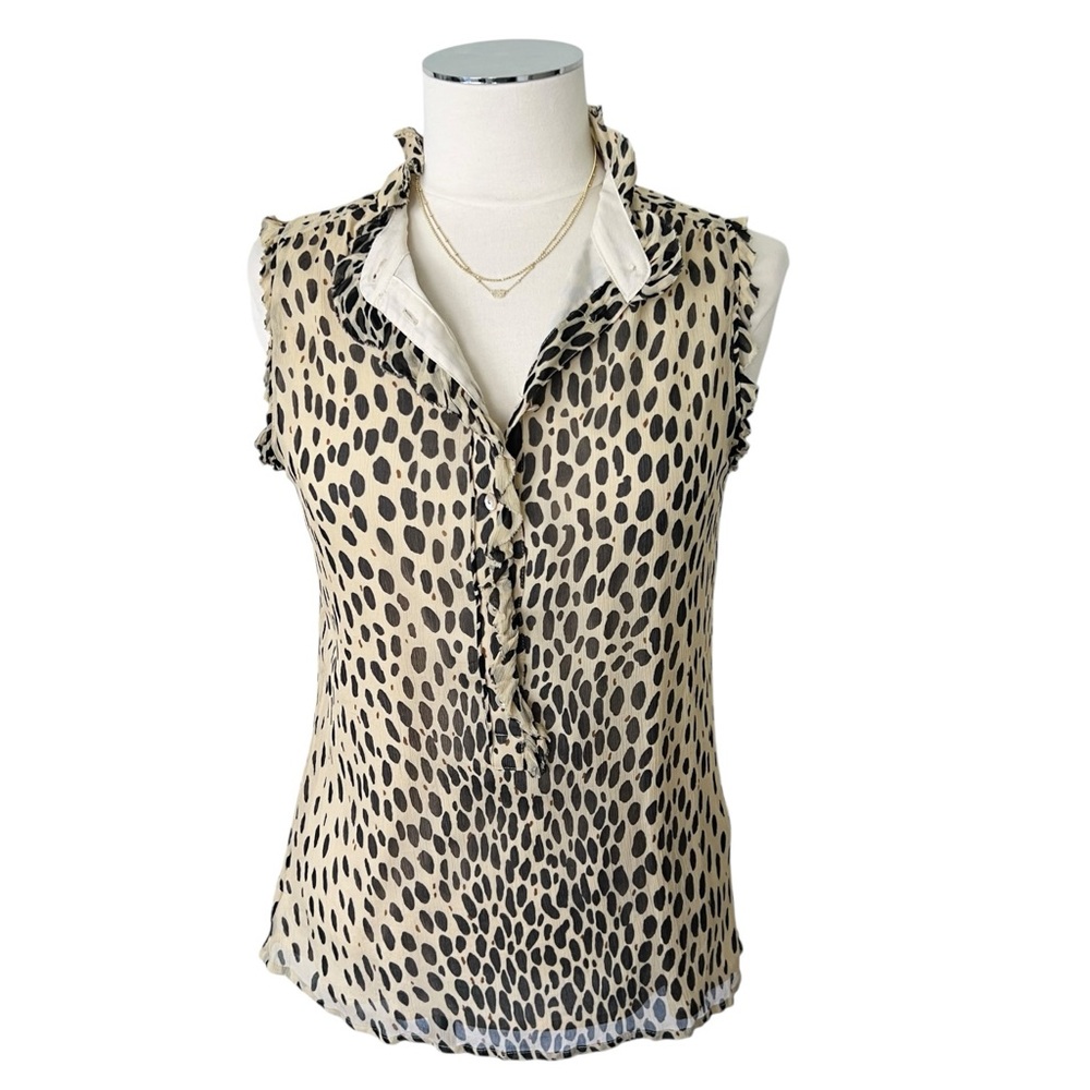 J. Crew Silk Leopard Animal Print Ruffle Blouse Cream Ivory Tan Black Sz 6 - Picture 6 of 17